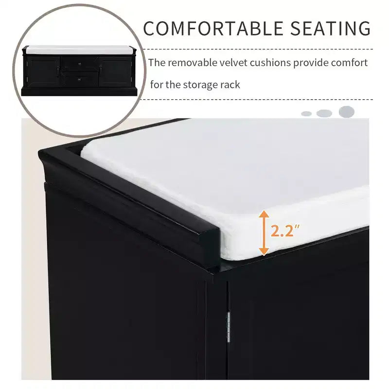 Banc de rangement avec tiroirs, armoires et coussin amovible