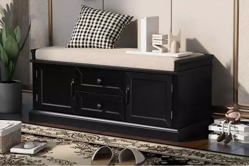 Wooden Storage Bench, Entryway Storage Bench with Drawers & Cabinets,Foyer Shoe Bench with Removable Cushion for Entryway Bedroom Living Room