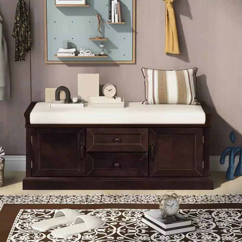 Banc de rangement avec tiroirs, armoires et coussin amovible