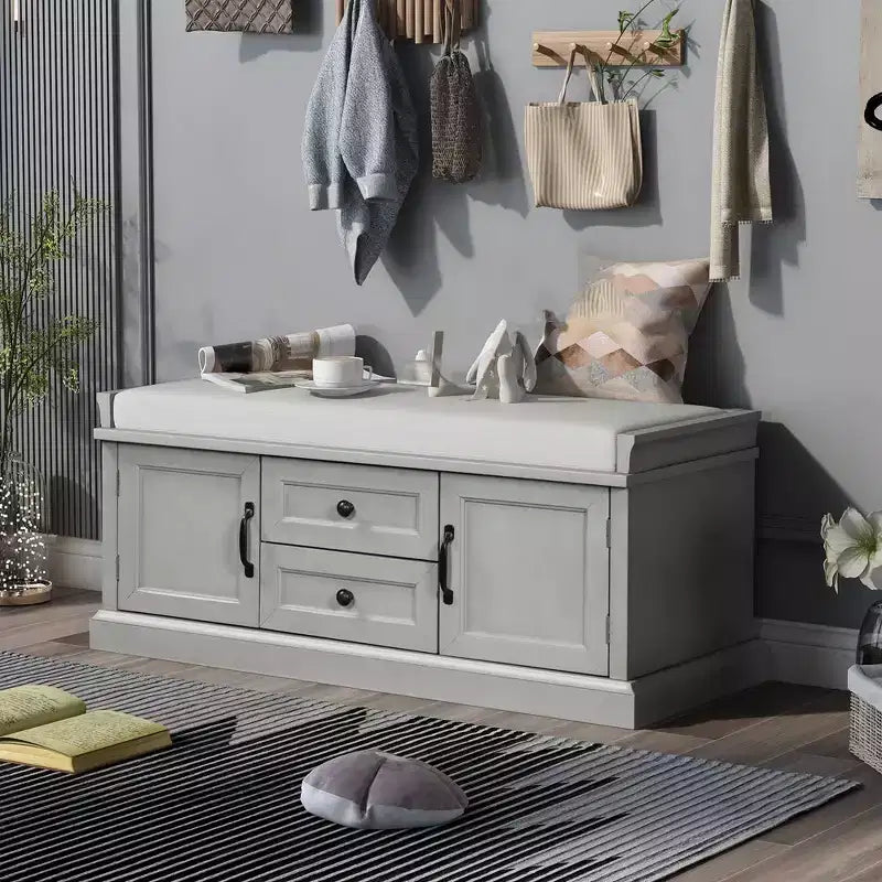 Banc de rangement avec tiroirs, armoires et coussin amovible