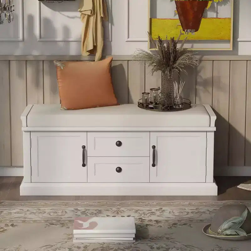 Banc de rangement avec tiroirs, armoires et coussin amovible