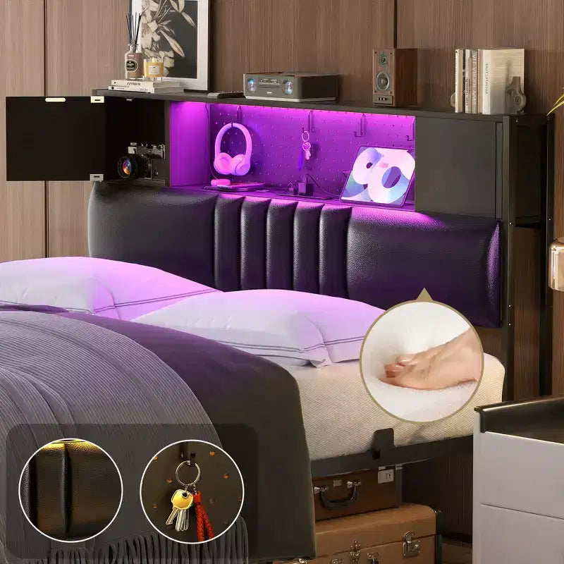 Cadre de lit plateforme capitonné avec éclairage LED et station de recharge