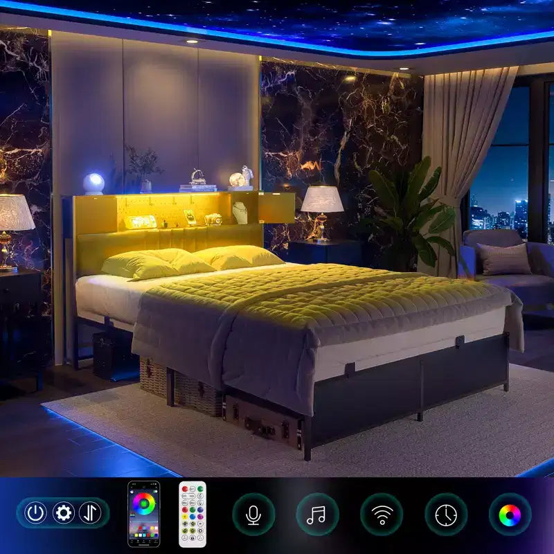 Cadre de lit plateforme capitonné avec éclairage LED et station de recharge