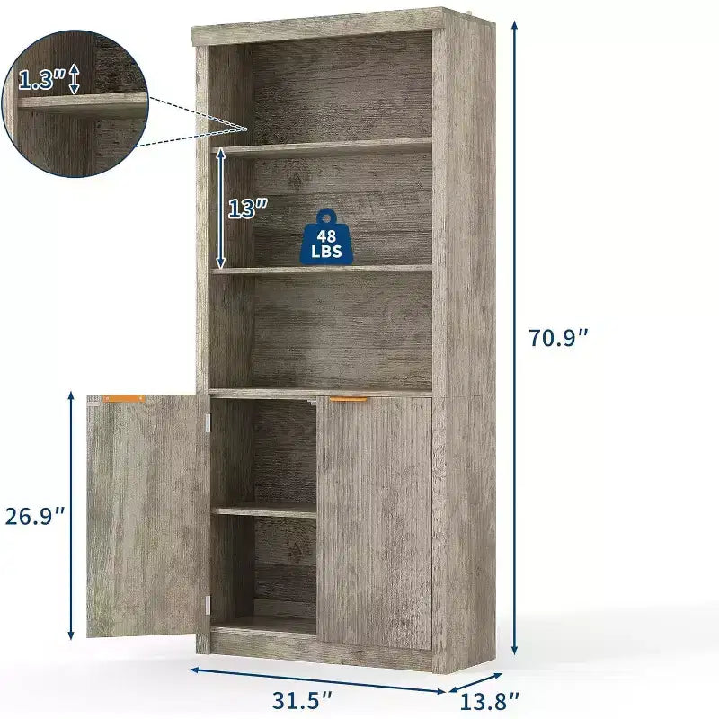 Bibliothèque 5 étagères avec portes, bibliothèque de rangement de 180 cm avec étagères réglables