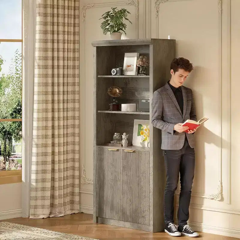 Bibliothèque 5 étagères avec portes, bibliothèque de rangement de 180 cm avec étagères réglables