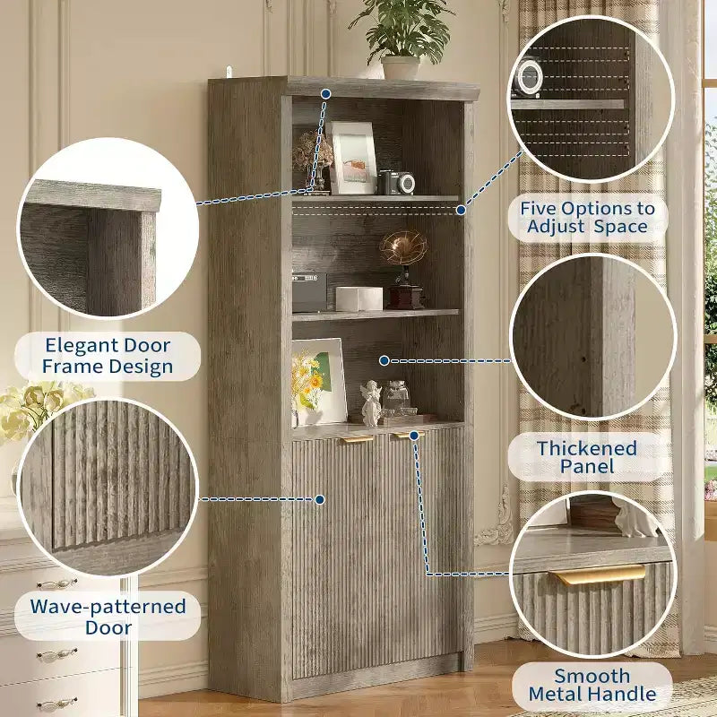 Bibliothèque 5 étagères avec portes, bibliothèque de rangement de 180 cm avec étagères réglables