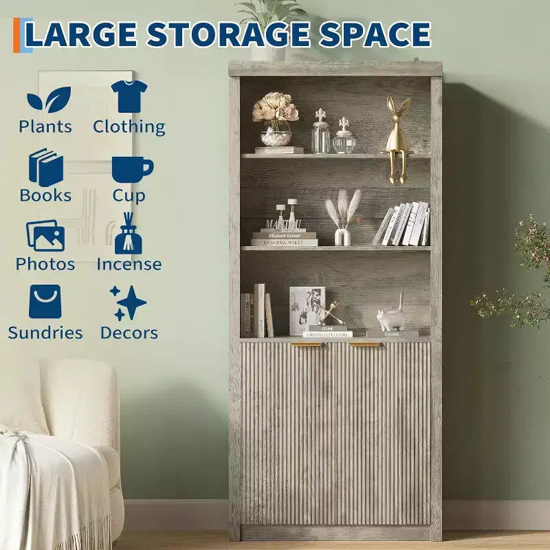 Bibliothèque 5 étagères avec portes, bibliothèque de rangement de 180 cm avec étagères réglables