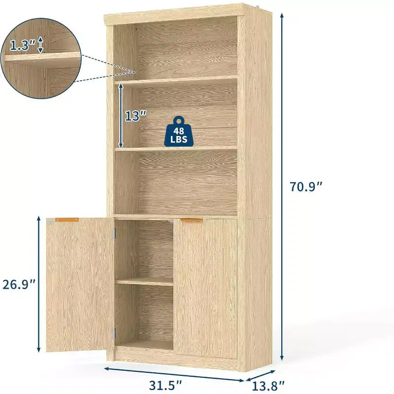 Bibliothèque 5 étagères avec portes, bibliothèque de rangement de 180 cm avec étagères réglables
