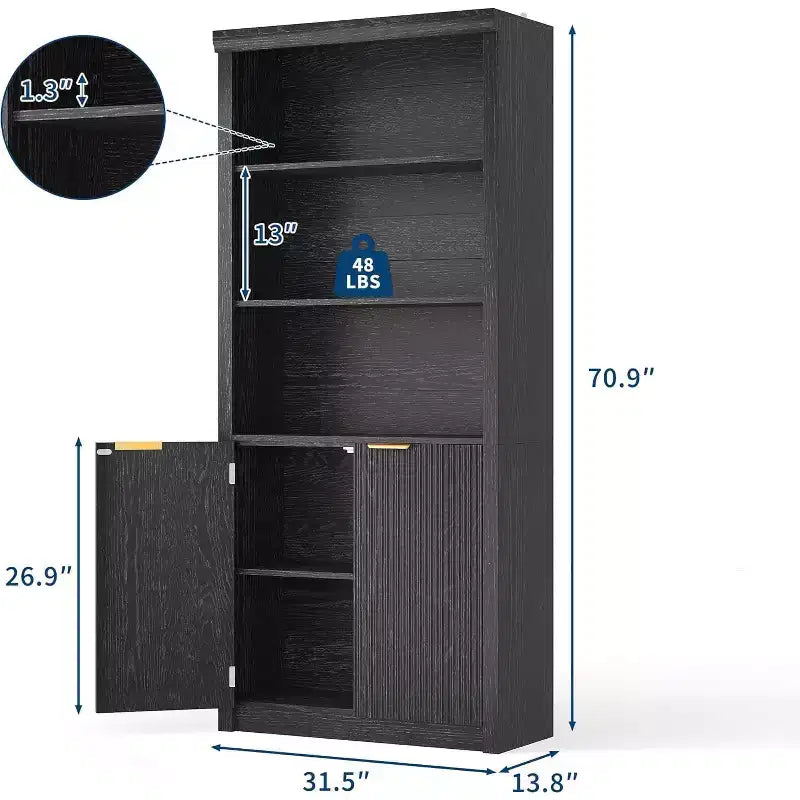 Bibliothèque 5 étagères avec portes, bibliothèque de rangement de 180 cm avec étagères réglables