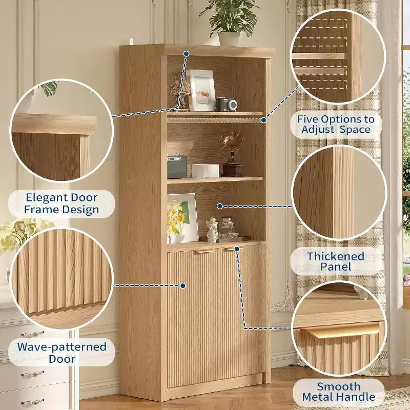 Bibliothèque 5 étagères avec portes, bibliothèque de rangement de 180 cm avec étagères réglables