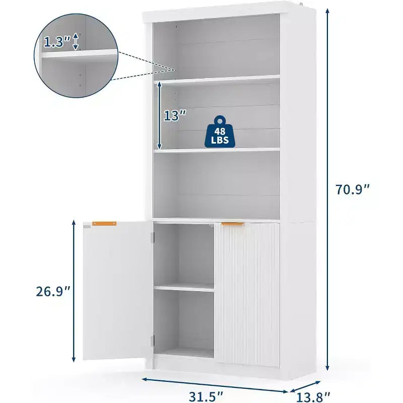 Bibliothèque 5 étagères avec portes, bibliothèque de rangement de 180 cm avec étagères réglables