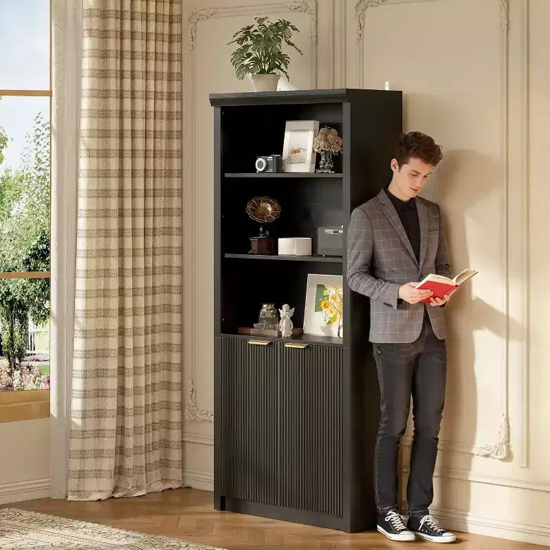 Bibliothèque 5 étagères avec portes, bibliothèque de rangement de 180 cm avec étagères réglables