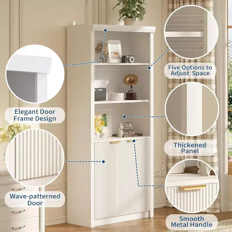 Bibliothèque 5 étagères avec portes, bibliothèque de rangement de 180 cm avec étagères réglables
