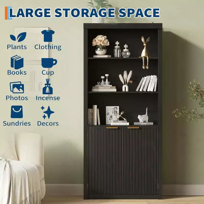 Bibliothèque 5 étagères avec portes, bibliothèque de rangement de 180 cm avec étagères réglables