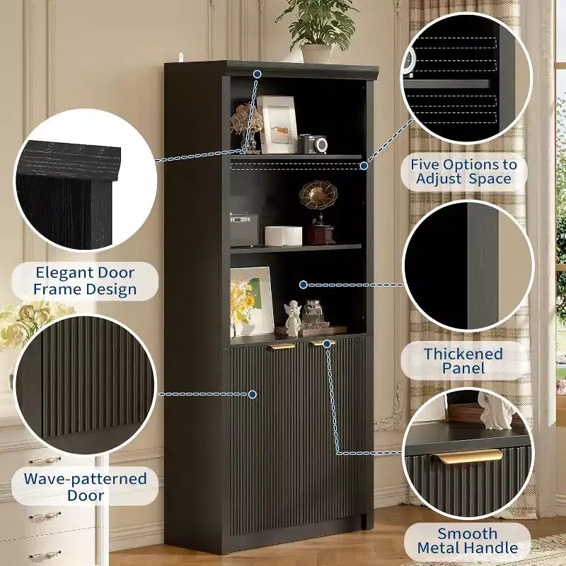 Bibliothèque 5 étagères avec portes, bibliothèque de rangement de 180 cm avec étagères réglables