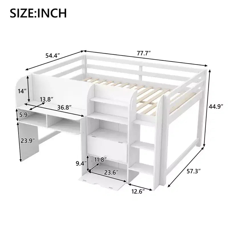 Lit mezzanine bas pleine taille avec bureau intégré, armoires de rangement, bibliothèque et tableau blanc