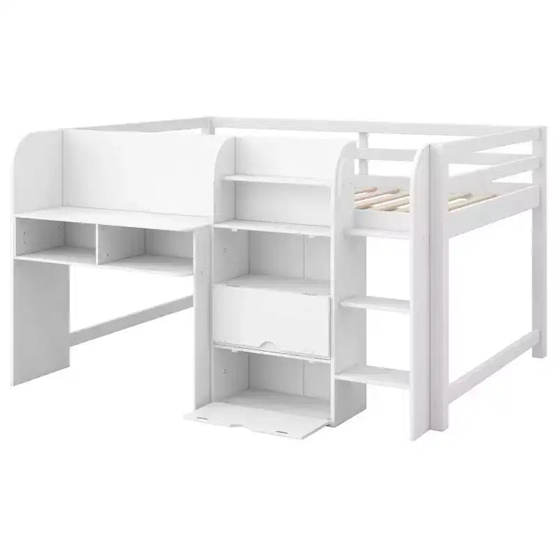 Lit mezzanine bas pleine taille avec bureau intégré, armoires de rangement, bibliothèque et tableau blanc