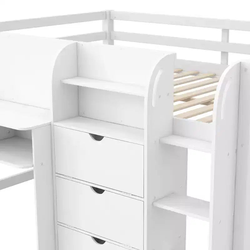 Lit mezzanine bas pleine taille avec bureau intégré, armoires de rangement, bibliothèque et tableau blanc