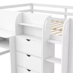 Lit mezzanine bas pleine taille avec bureau intégré, armoires de rangement, bibliothèque et tableau blanc