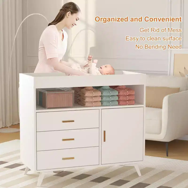 Commode Table à Langer avec 3 Tiroirs et Matelas à Langer Amovible