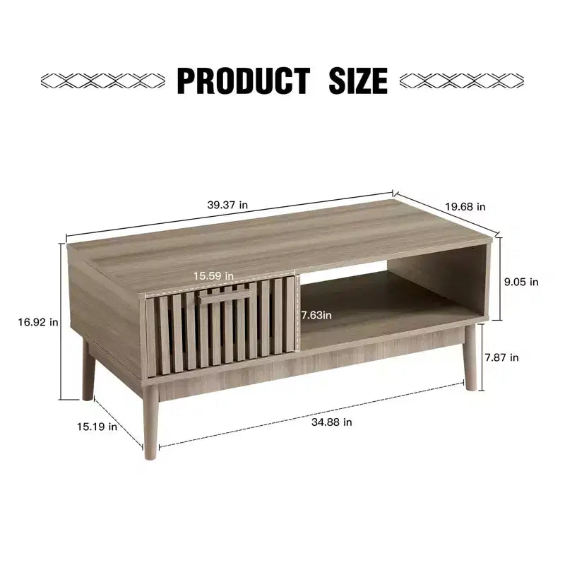 Table basse de 100 cm avec tiroir et étagère ouverte, table de salon rectangulaire à 2 niveaux de style moderne du milieu du siècle