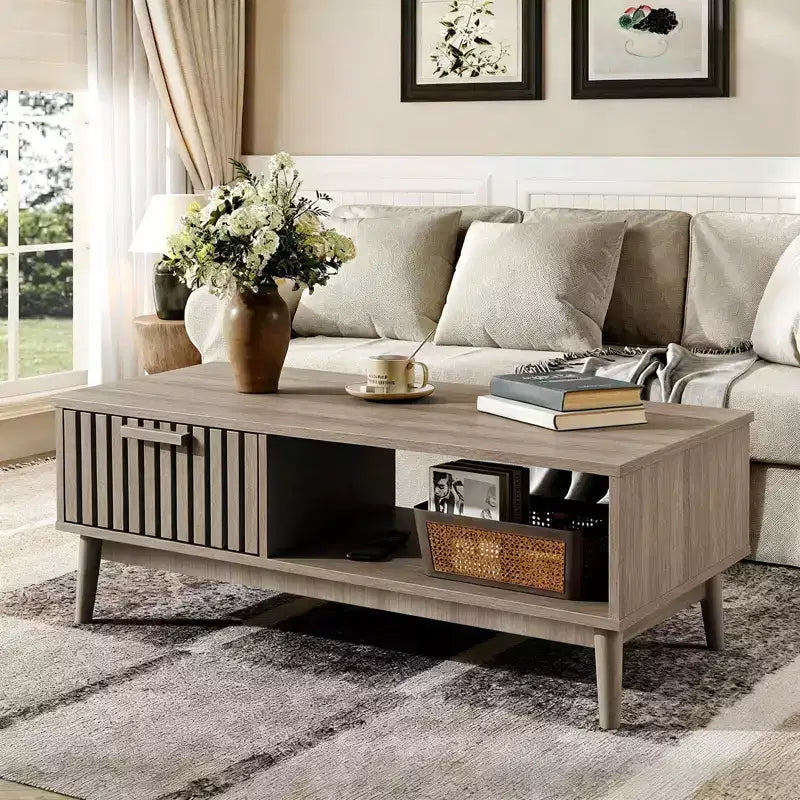 Table basse de 100 cm avec tiroir et étagère ouverte, table de salon rectangulaire à 2 niveaux de style moderne du milieu du siècle