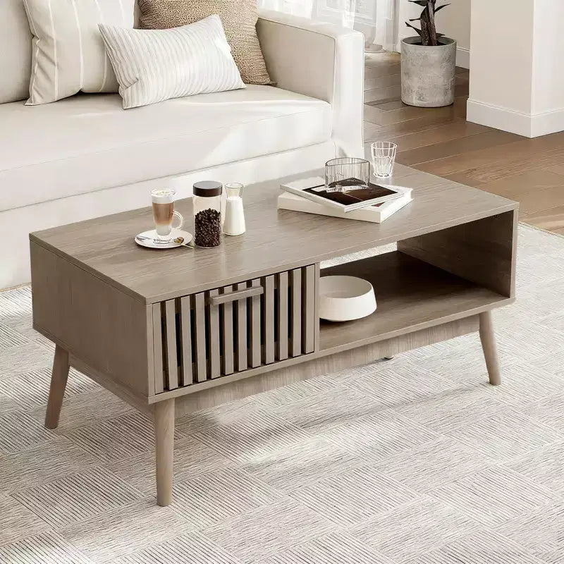 Table basse de 100 cm avec tiroir et étagère ouverte, table de salon rectangulaire à 2 niveaux de style moderne du milieu du siècle