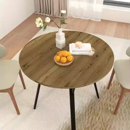 35.43 Inch Round Dining Table, Small Circle Kitchen Table with Metal Black Legs for 2-4 people,Modern Dining Room Table, Brown (only table)