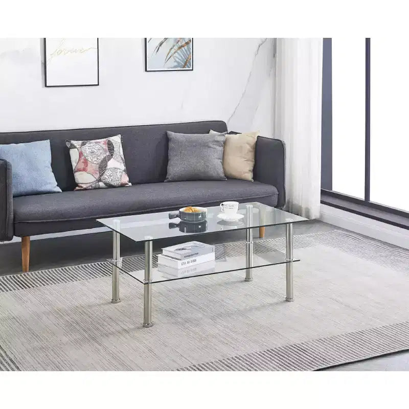 Table basse à plateau en verre à 2 niveaux avec cadre en métal
