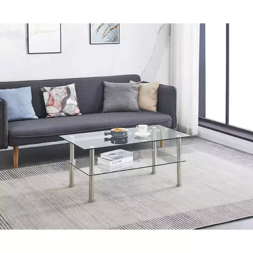 Table basse à plateau en verre à 2 niveaux avec cadre en métal