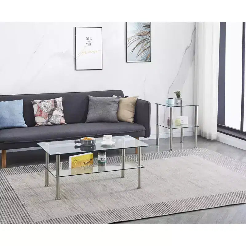 Table basse à plateau en verre à 2 niveaux avec cadre en métal