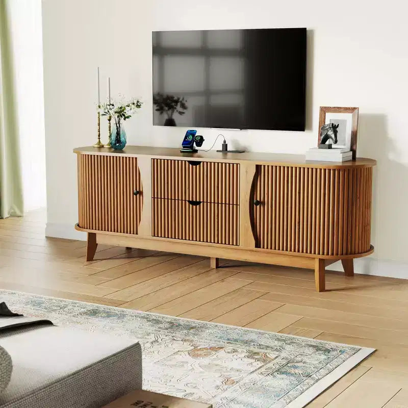 Meuble TV de style milieu de siècle avec tiroirs et étagères réglables
