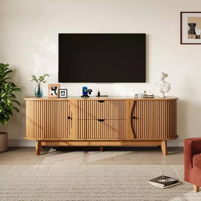 Meuble TV de style milieu de siècle avec tiroirs et étagères réglables