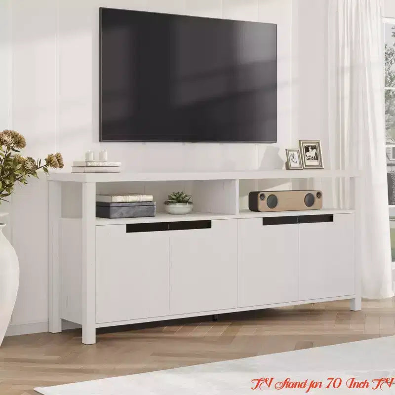 Living Room 63 Farmhouse TV Stand for Tv Up to 65 Inches, Rustic Boho Entertainment Console Table w/4 Door & Open Shelf, Television Consoles Stands