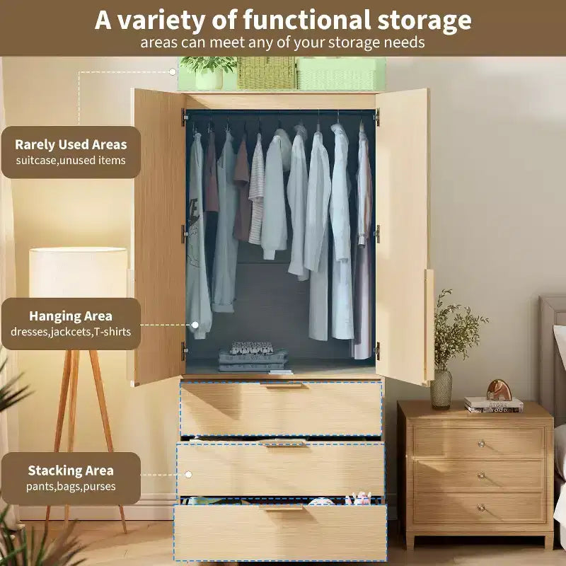 Armoire avec 3 tiroirs, tringle à vêtements et deux portes
