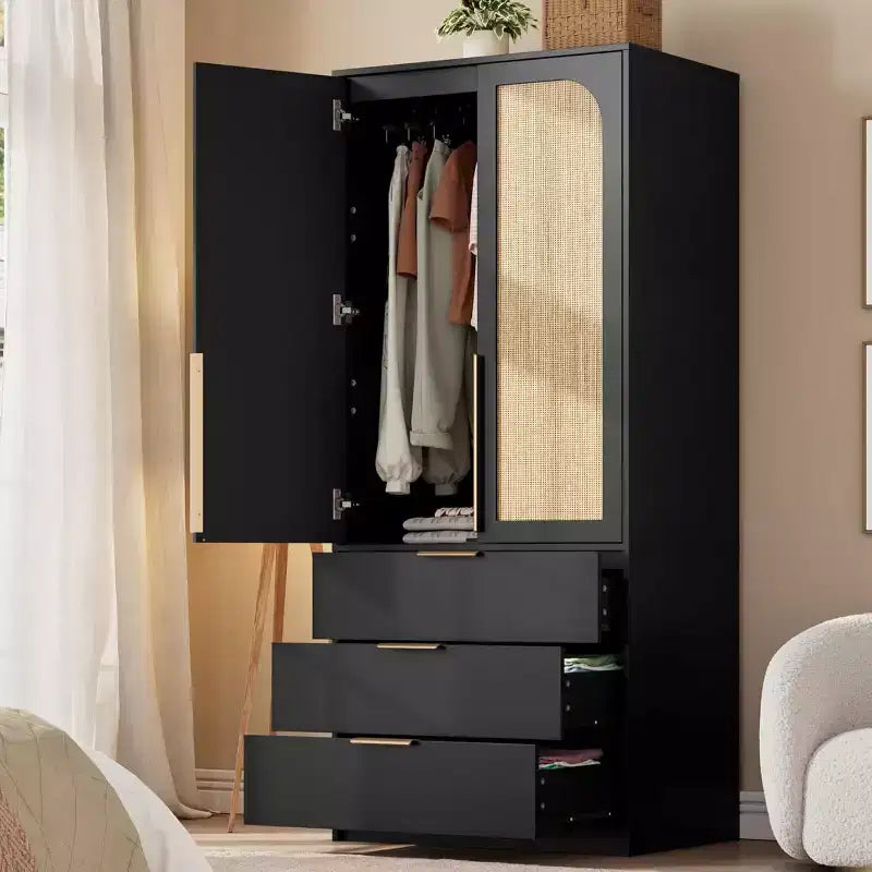 Armoire avec 3 tiroirs, tringle à vêtements et deux portes