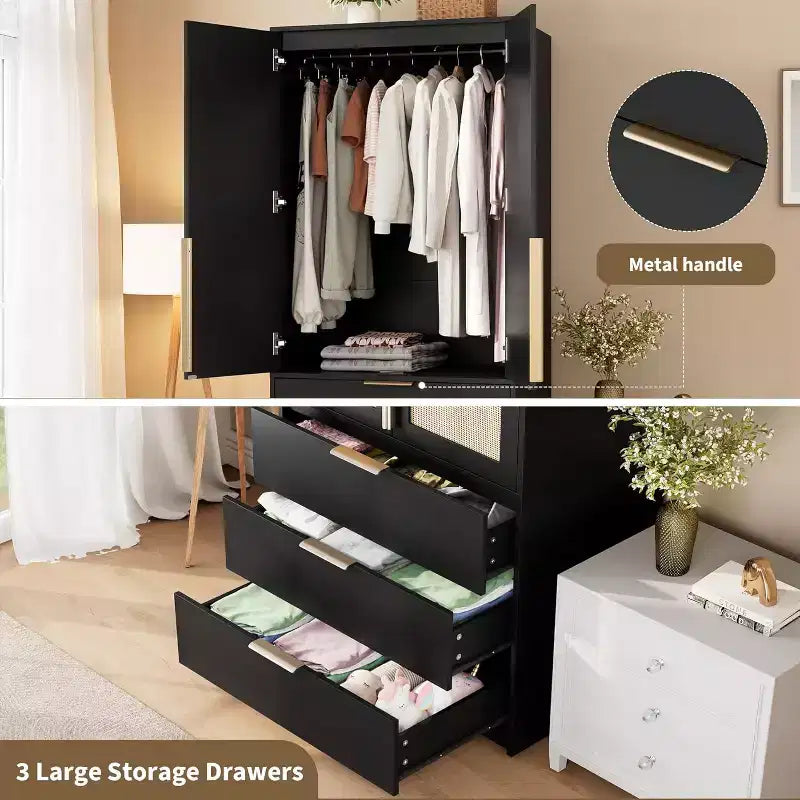 Armoire avec 3 tiroirs, tringle à vêtements et deux portes