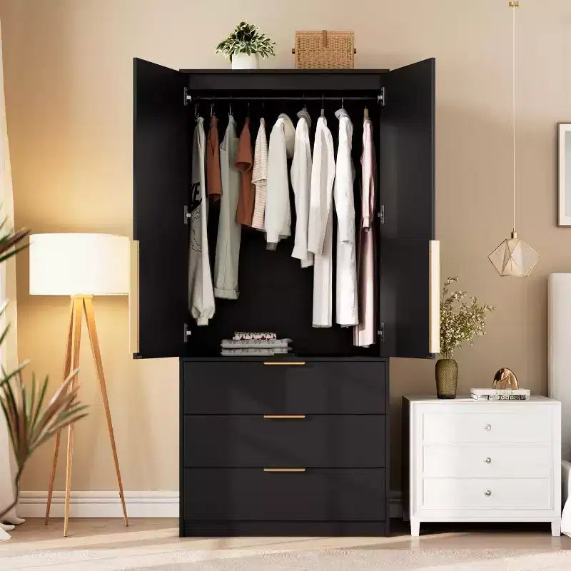 Armoire avec 3 tiroirs, tringle à vêtements et deux portes