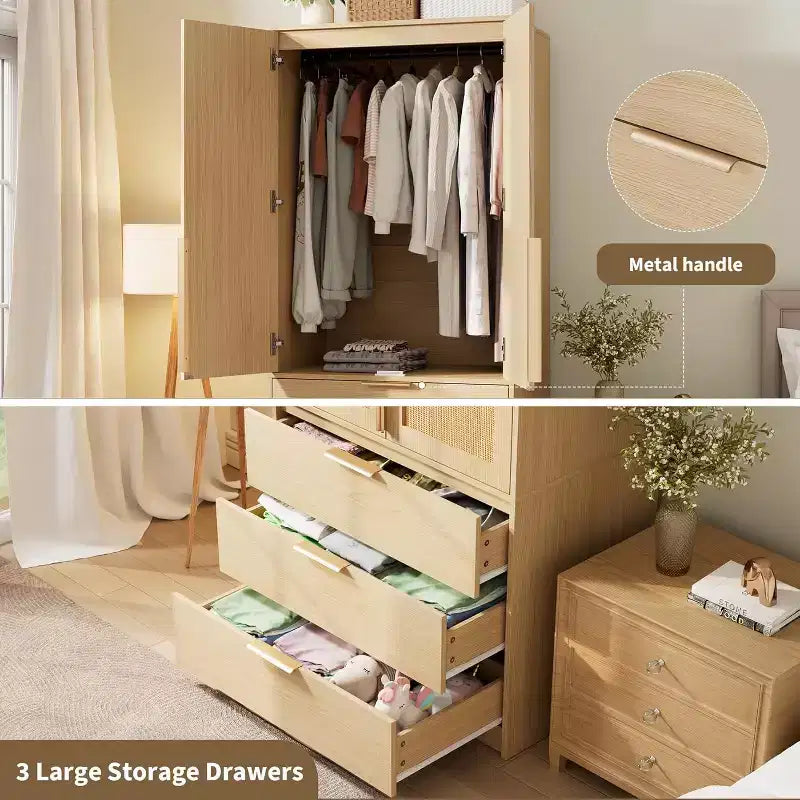 Armoire avec 3 tiroirs, tringle à vêtements et deux portes