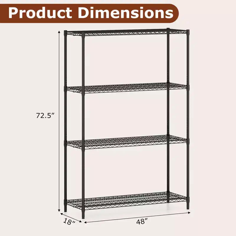 Étagère de rangement métallique à 4 niveaux avec tablettes ajustables et grille métallique