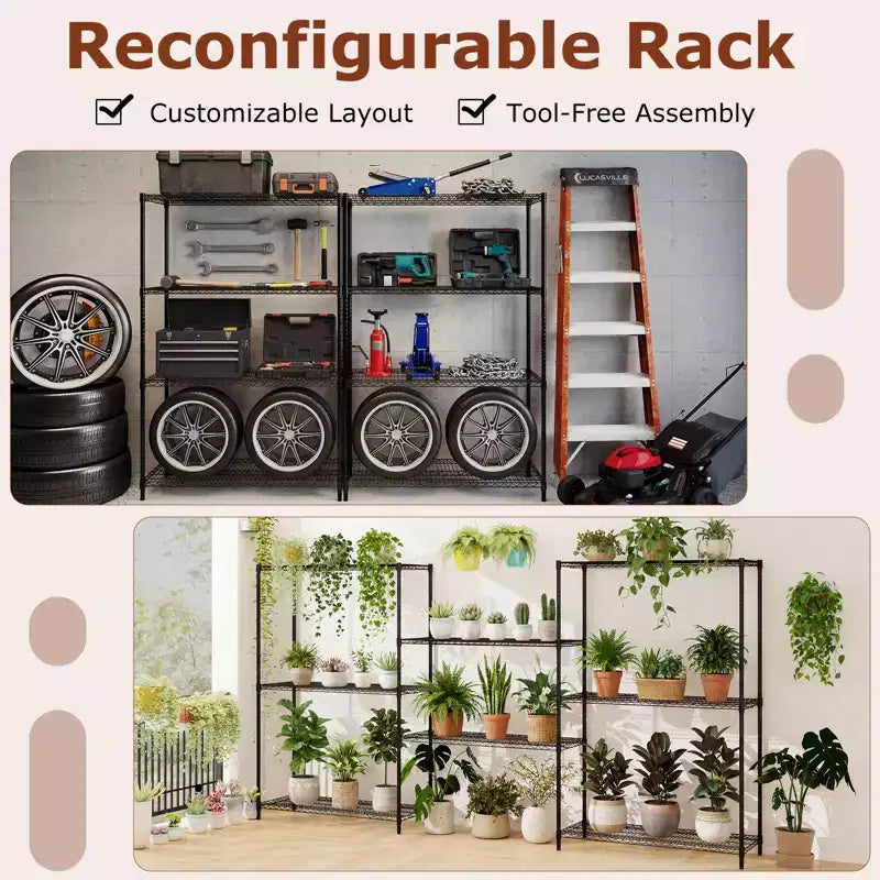 Étagère de rangement métallique à 4 niveaux avec tablettes ajustables et grille métallique