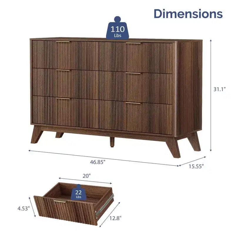 Commode à tiroirs doubles de 47 po avec 6 tiroirs à grille