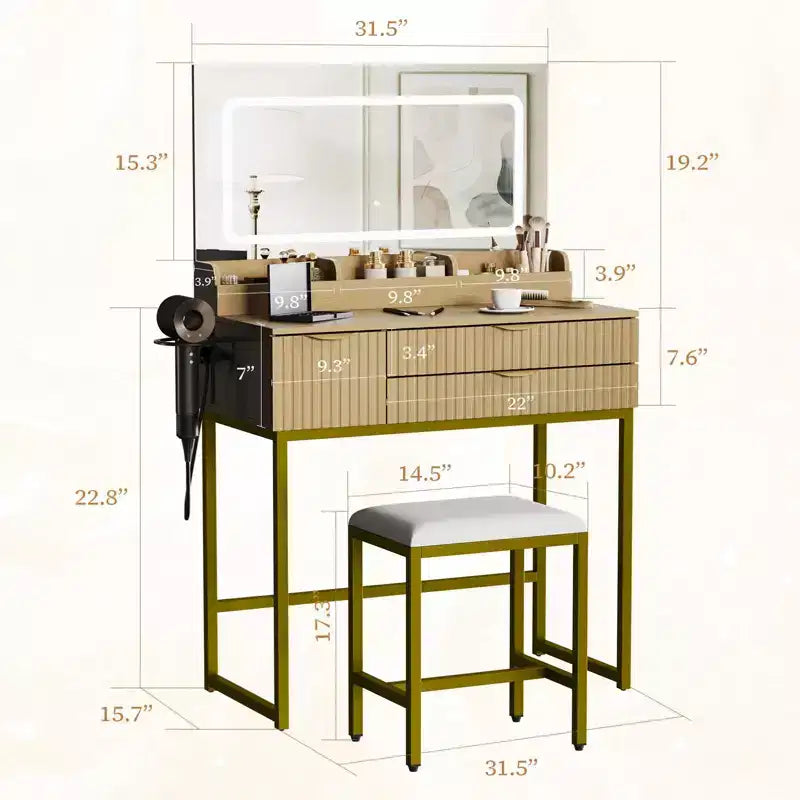 Coiffeuse éclairée avec miroir, tiroirs de rangement et tabouret