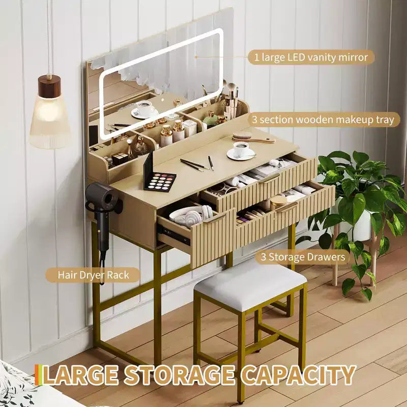 Coiffeuse éclairée avec miroir, tiroirs de rangement et tabouret