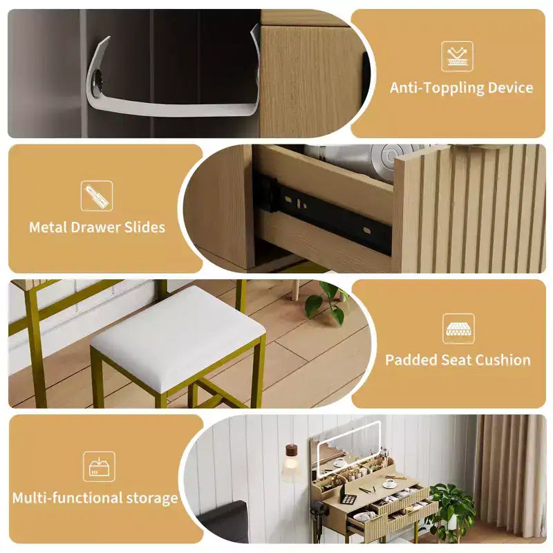 Coiffeuse éclairée avec miroir, tiroirs de rangement et tabouret