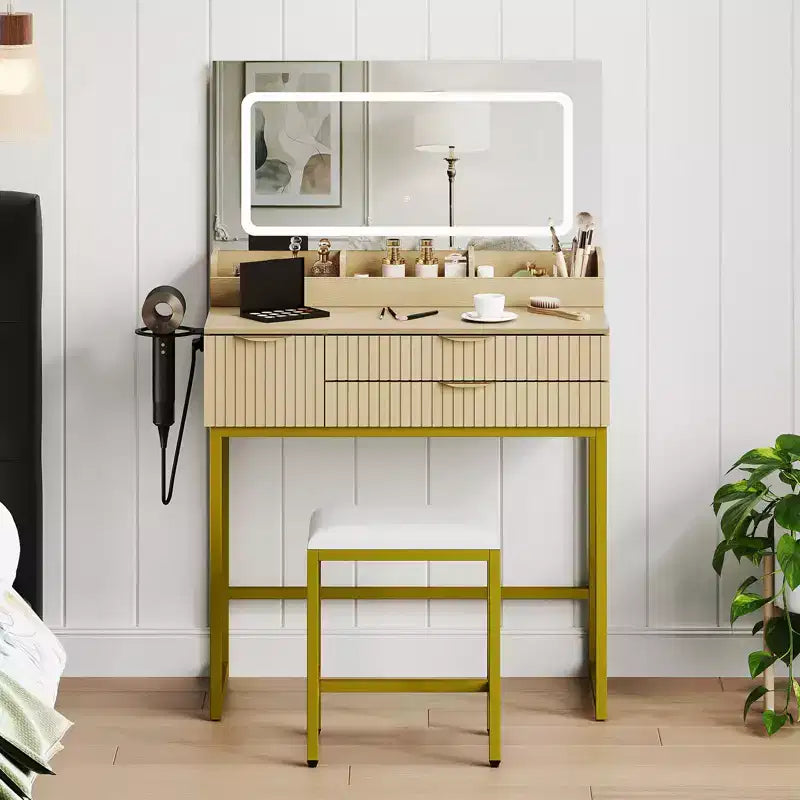 Coiffeuse éclairée avec miroir, tiroirs de rangement et tabouret