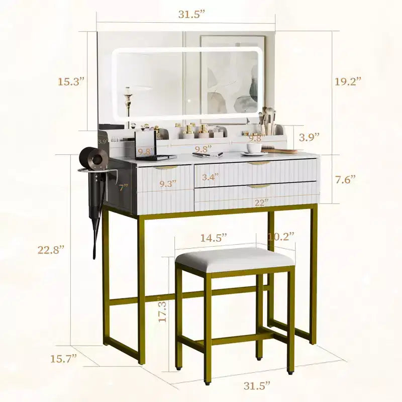 Coiffeuse éclairée avec miroir, tiroirs de rangement et tabouret