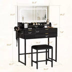 Coiffeuse éclairée avec miroir, tiroirs de rangement et tabouret