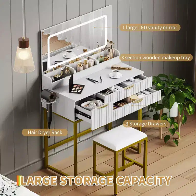 Coiffeuse éclairée avec miroir, tiroirs de rangement et tabouret