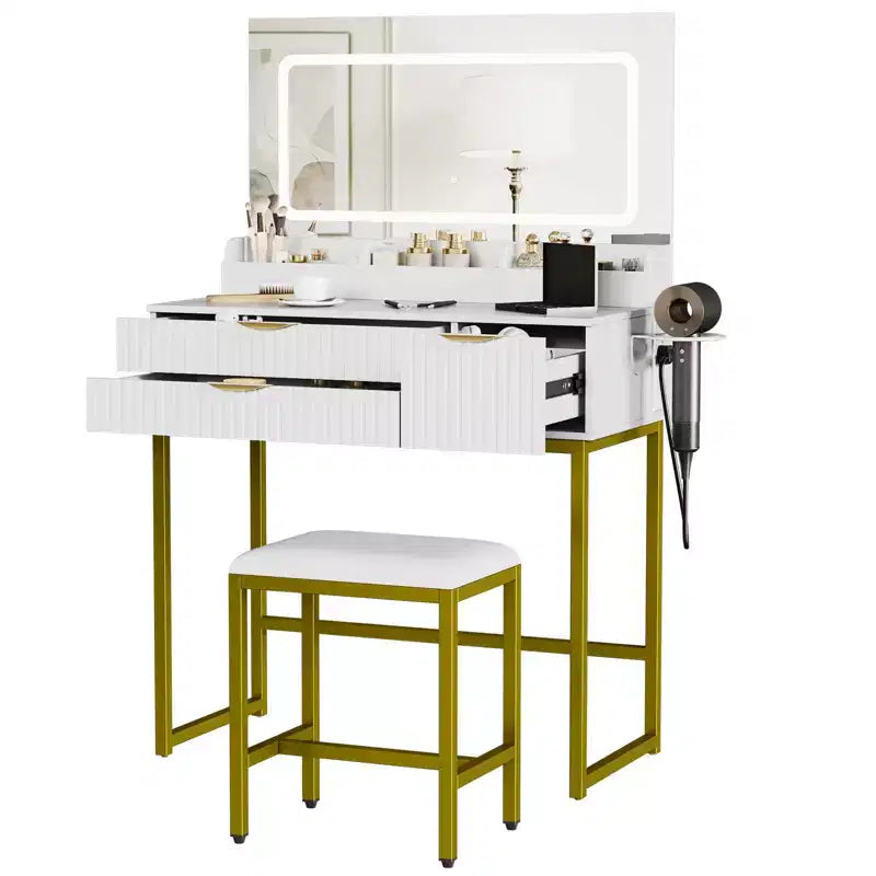 Coiffeuse éclairée avec miroir, tiroirs de rangement et tabouret